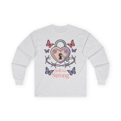 TEEZOCA unisex long-sleeve t-shirt featuring soft but strong lock and key art Gray sweatshirt with a heart lock design and 'Soft but Strong' text on a white background
