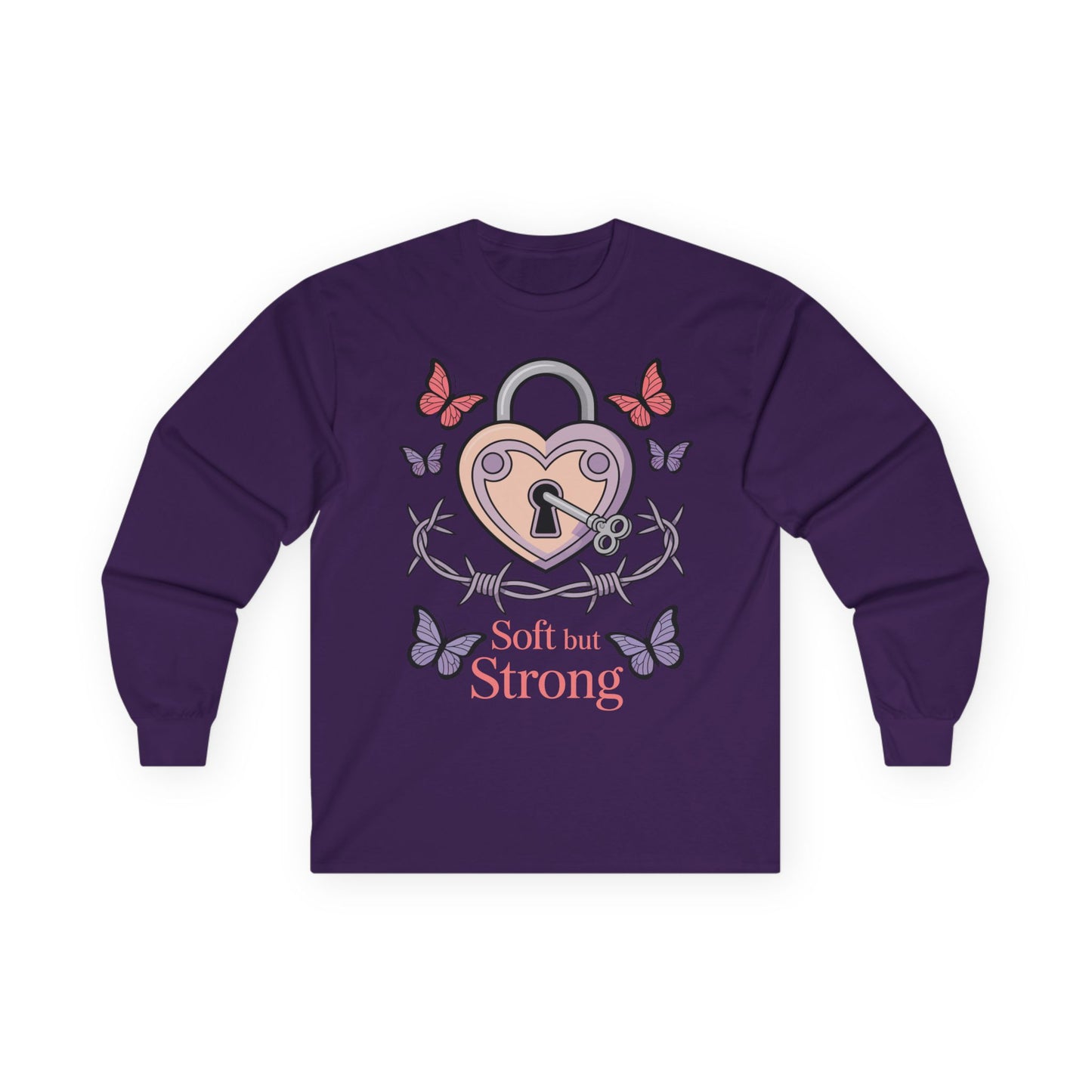 TEEZOCA unisex long-sleeve t-shirt featuring soft but strong lock and key art Purple long-sleeve shirt with heart and lock design and 'Soft but Strong' text on a white background