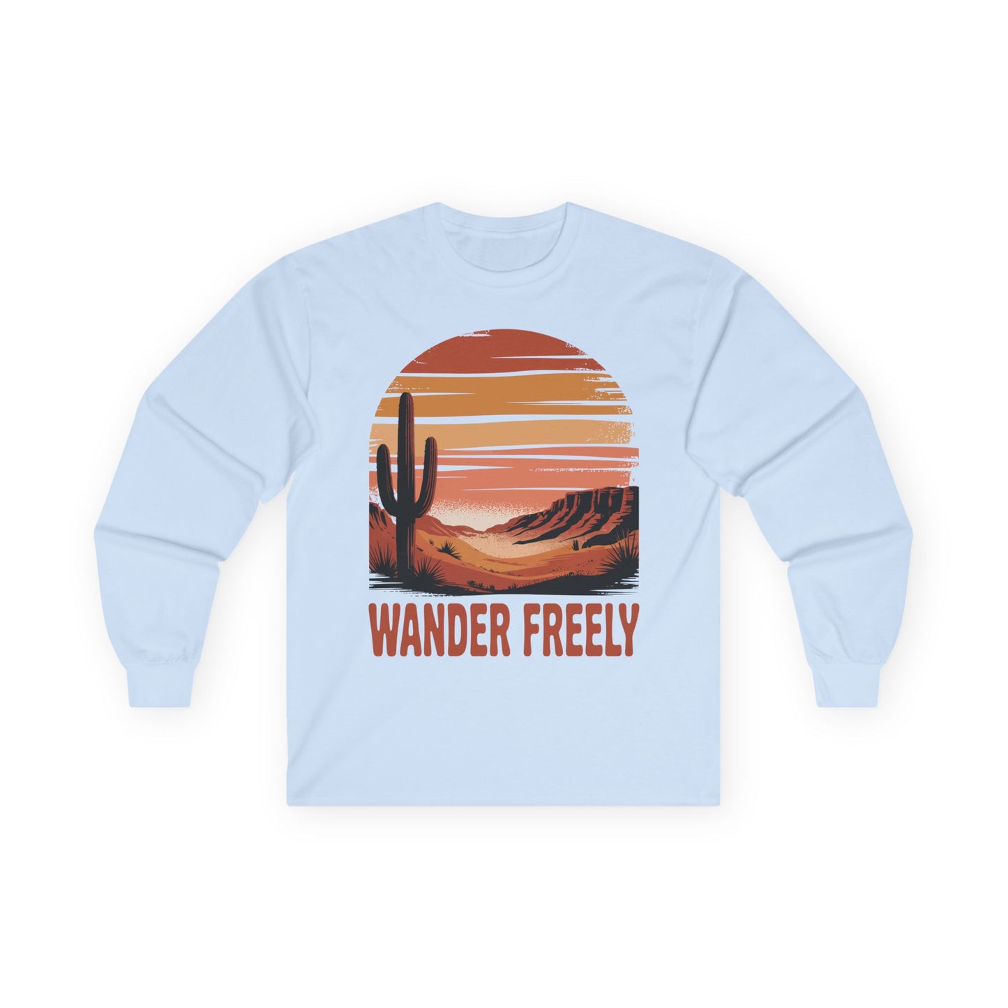 TEEZOCA unisex long-sleeve t-shirt featuring wander freely desert landscape art Light blue sweatshirt with desert graphic and 'Wander Freely' text on a white background
