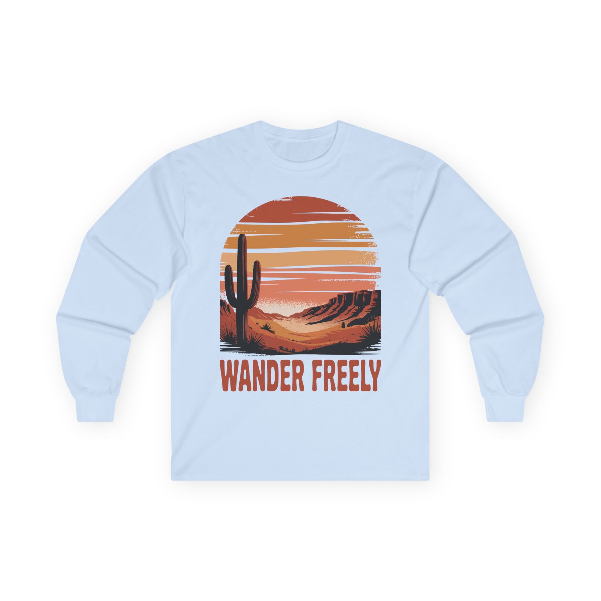 TEEZOCA unisex long-sleeve t-shirt featuring wander freely desert landscape art Light blue sweatshirt with desert graphic and 'Wander Freely' text on a white background