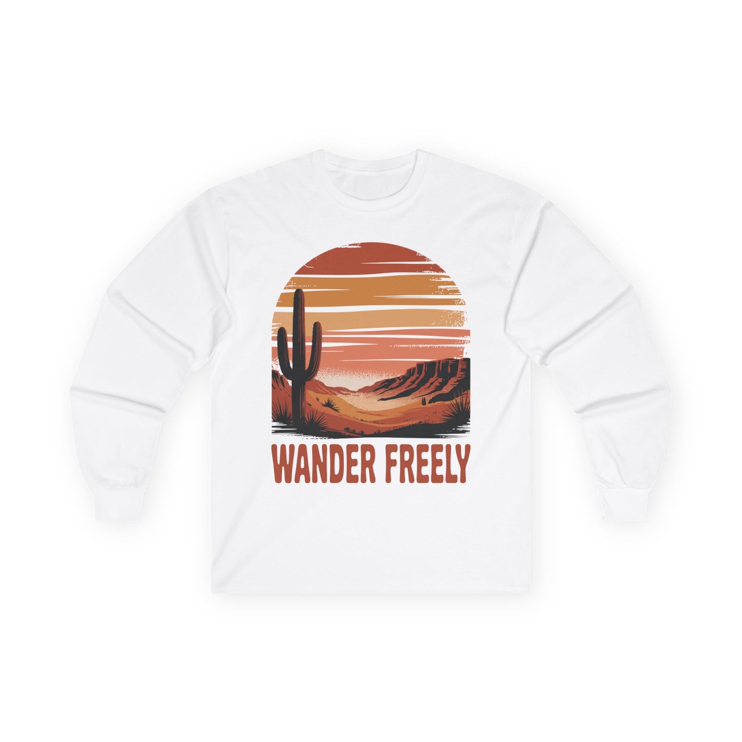 TEEZOCA unisex long-sleeve t-shirt featuring wander freely desert landscape art White sweatshirt with a desert graphic and 'Wander Freely' text on a white background