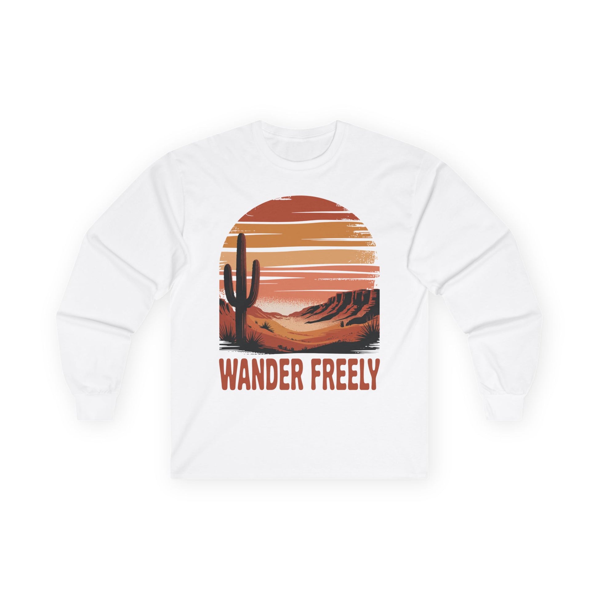 TEEZOCA unisex long-sleeve t-shirt featuring wander freely desert landscape art White sweatshirt with a desert graphic and 'Wander Freely' text on a white background