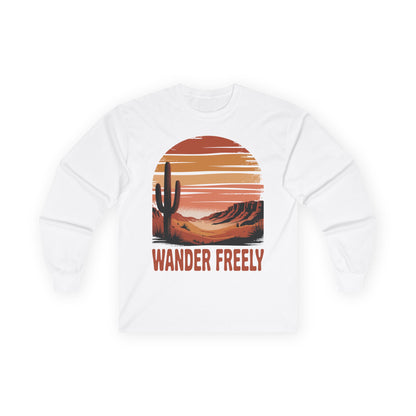 TEEZOCA unisex long-sleeve t-shirt featuring wander freely desert landscape art White sweatshirt with a desert graphic and 'Wander Freely' text on a white background