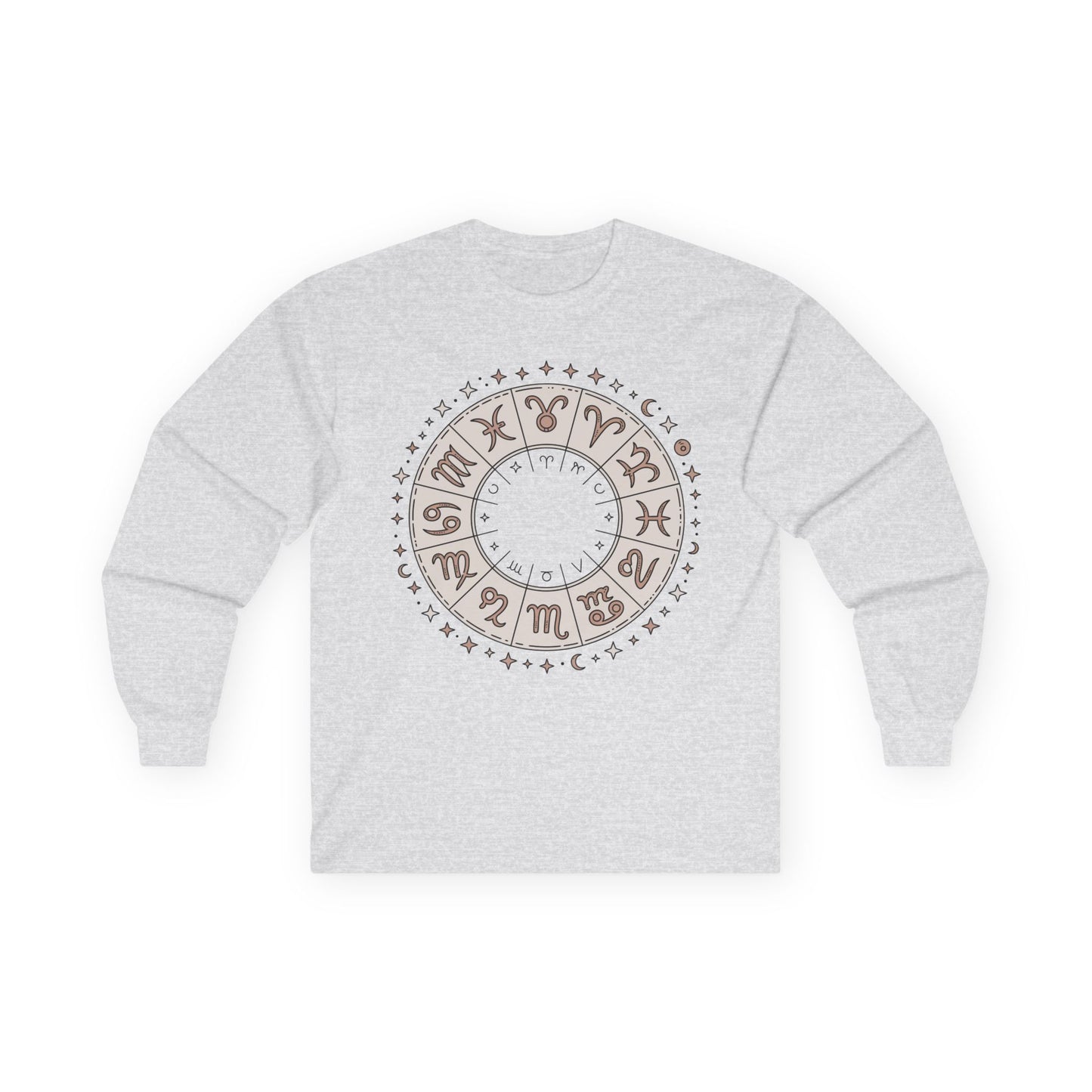 TEEZOCA unisex long-sleeve t-shirt featuring zodiac signs astrology circle Gray sweatshirt with a circular design featuring letters on a white background