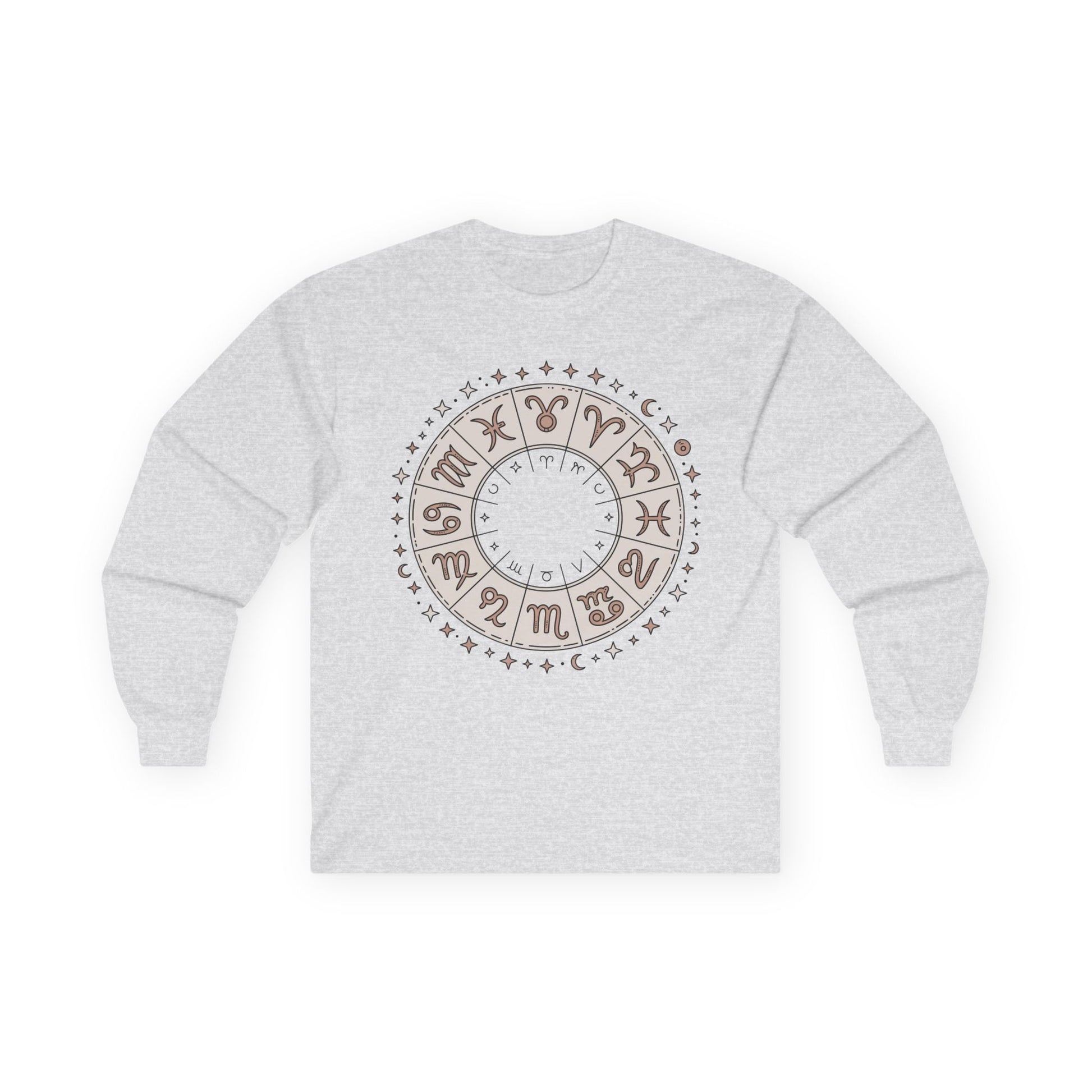 TEEZOCA unisex long-sleeve t-shirt featuring zodiac signs astrology circle Gray sweatshirt with a circular design featuring letters on a white background