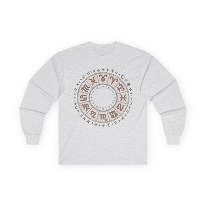 TEEZOCA unisex long-sleeve t-shirt featuring zodiac signs astrology circle Gray sweatshirt with a circular design featuring letters on a white background