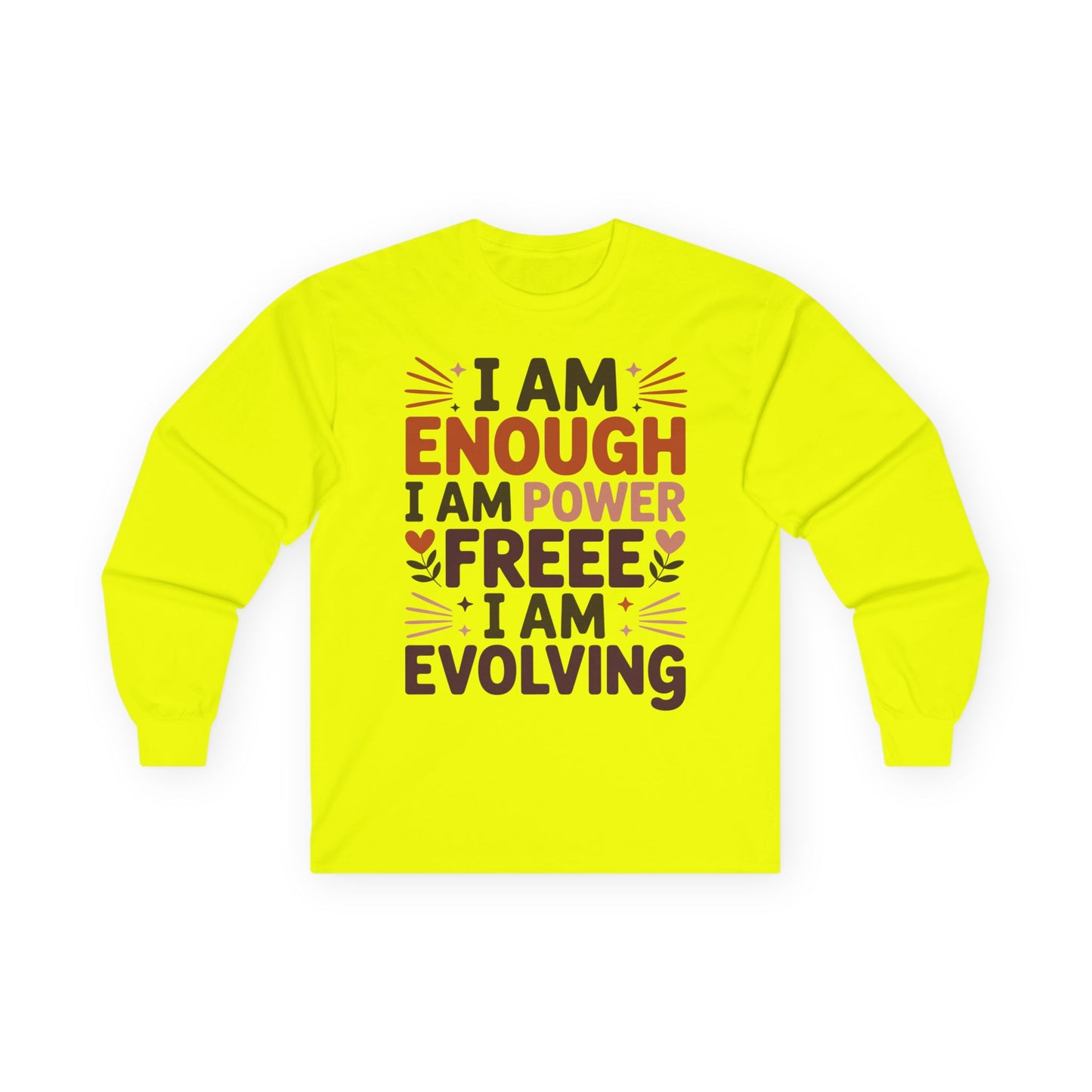 TEEZOCA unisex long-sleeve t-shirt with I am enough motivational message Yellow long-sleeve shirt with motivational text on a white background