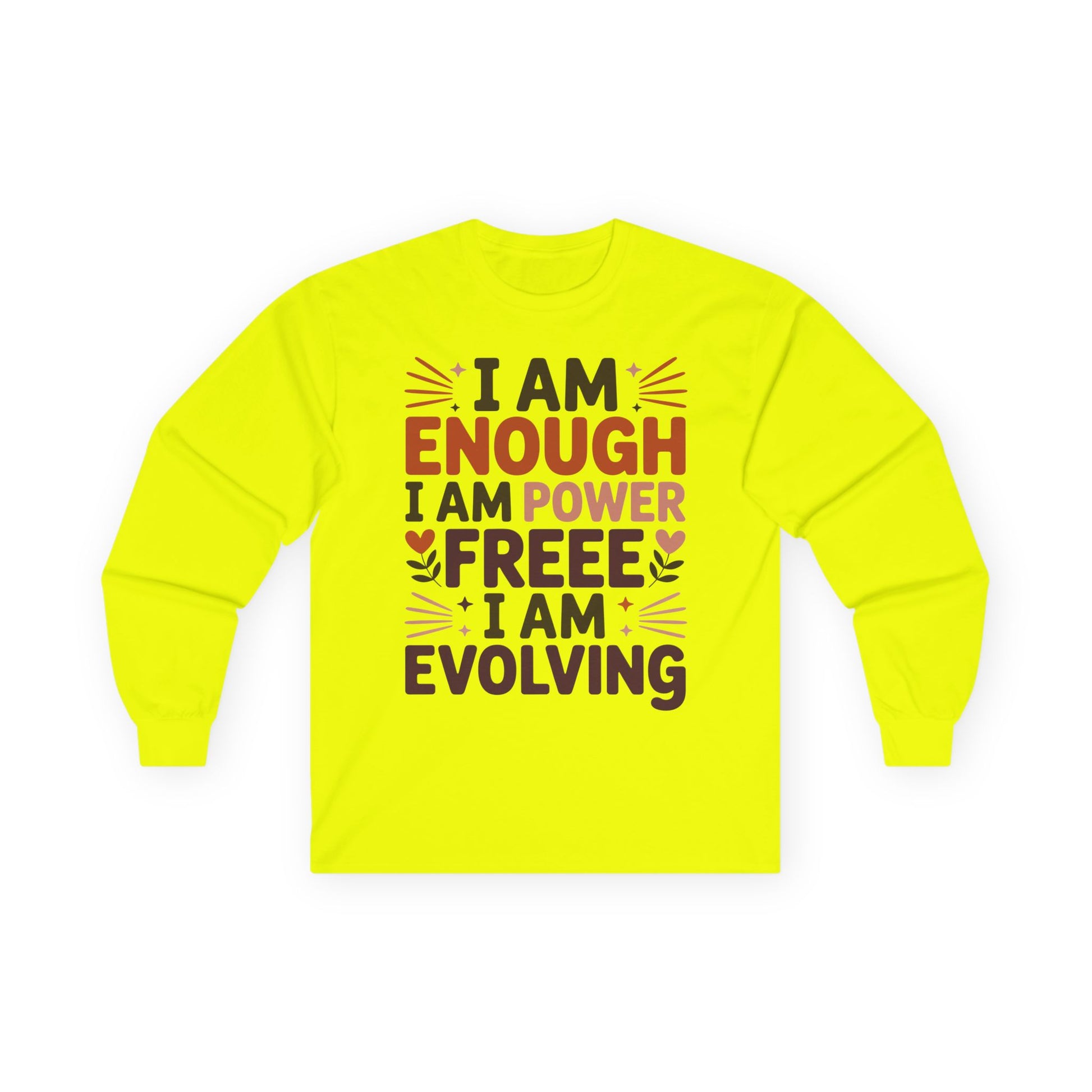 TEEZOCA unisex long-sleeve t-shirt with I am enough motivational message Yellow long-sleeve shirt with motivational text on a white background