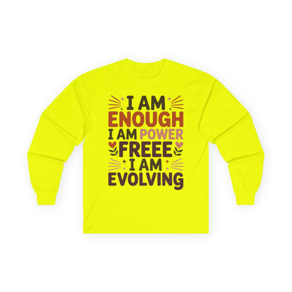 TEEZOCA unisex long-sleeve t-shirt with I am enough motivational message Yellow long-sleeve shirt with motivational text on a white background