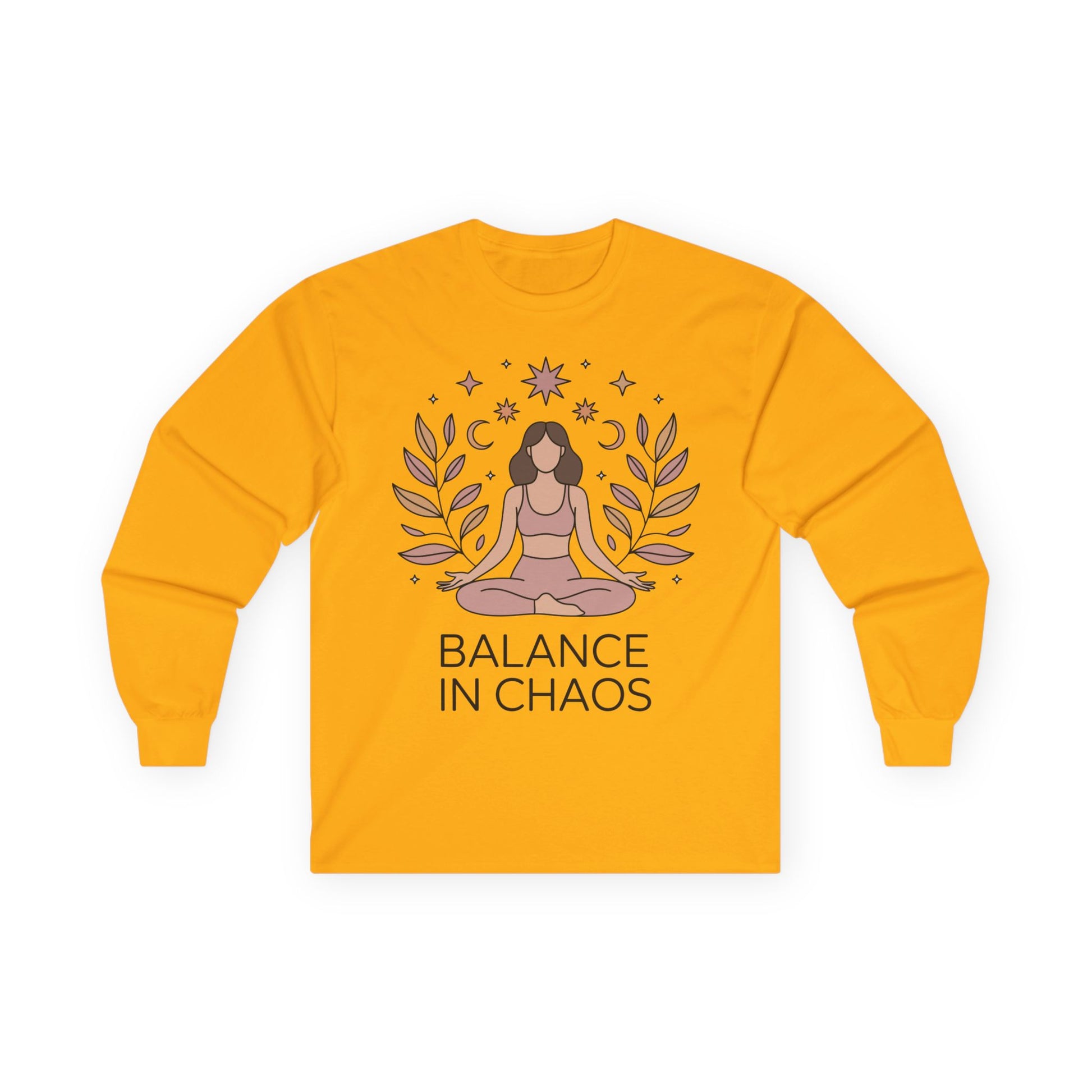 TEEZOCA unisex long-sleeve t-shirt with balance in chaos celestial meditation art Yellow long-sleeve shirt with a graphic of a person in a meditative pose and 'Balance in Chaos' text on a white background.