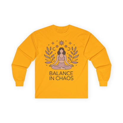 TEEZOCA unisex long-sleeve t-shirt with balance in chaos celestial meditation art Yellow long-sleeve shirt with a graphic of a person in a meditative pose and 'Balance in Chaos' text on a white background.