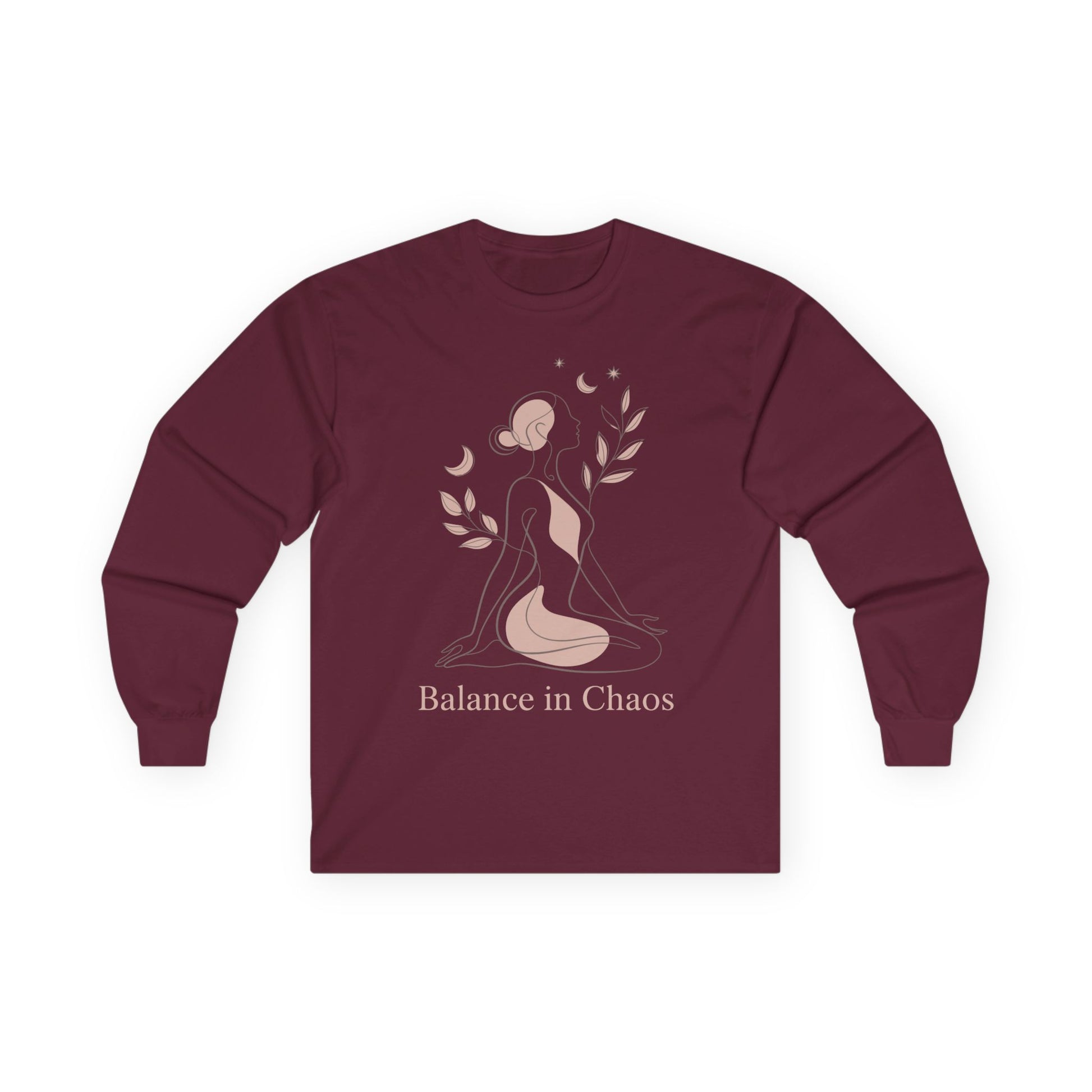 TEEZOCA unisex long-sleeve t-shirt with balance in chaos minimalist aesthetic Maroon long-sleeve shirt with a graphic of a woman and text 'Balance in Chaos' on a white background