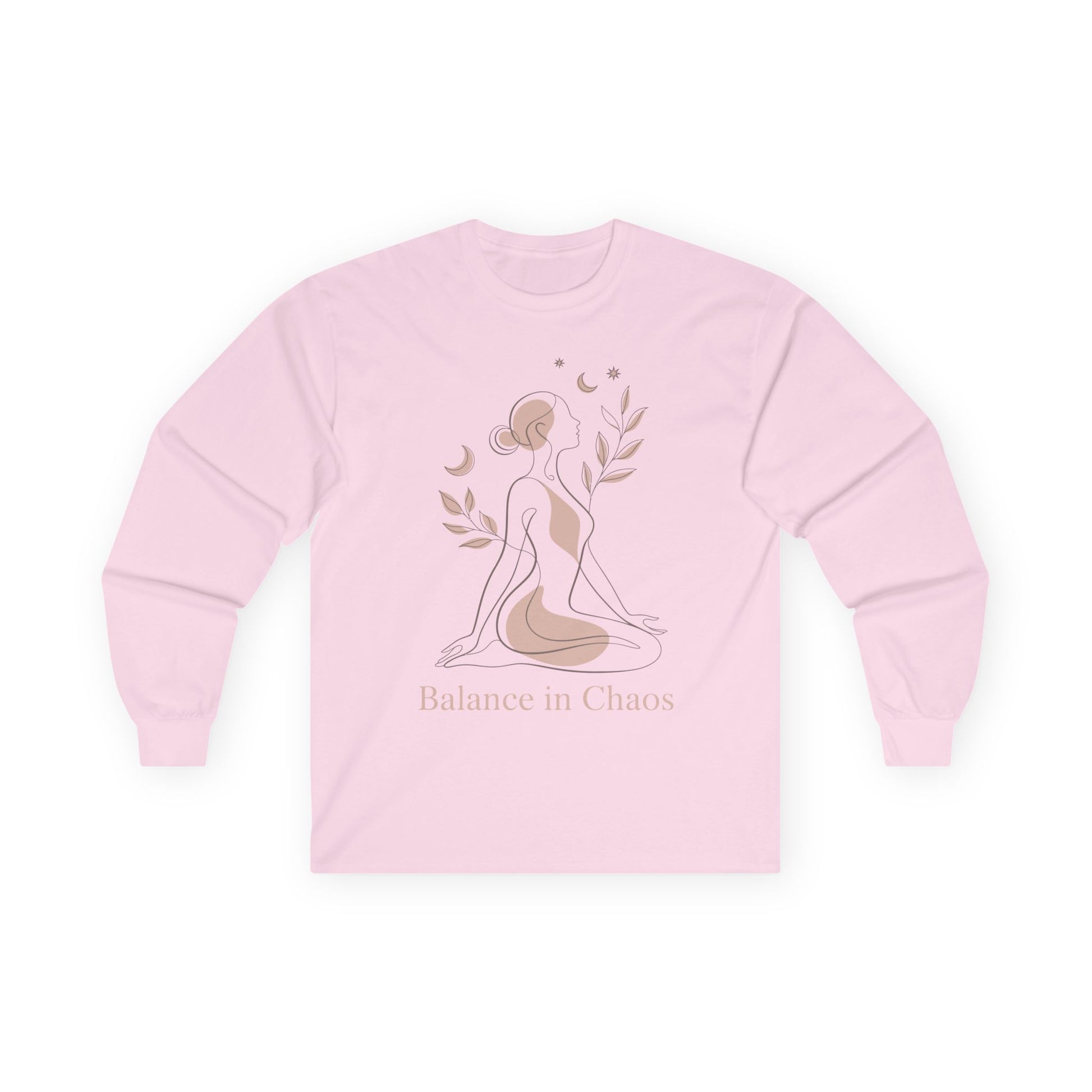 TEEZOCA unisex long-sleeve t-shirt with balance in chaos minimalist aesthetic Pink sweatshirt with a yoga-themed design and text on a white background