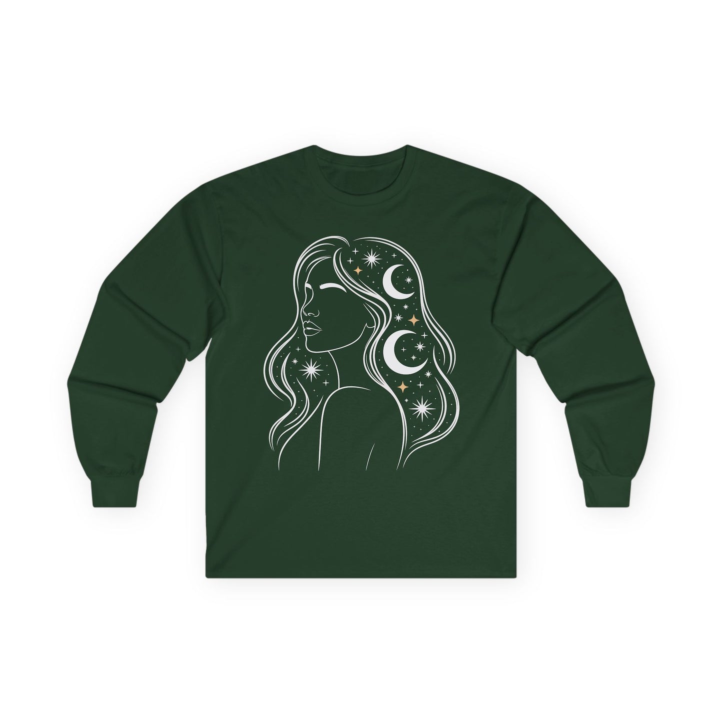 TEEZOCA unisex long-sleeve t-shirt with celestial woman night sky illustration Green long-sleeve shirt with a celestial design on a white background