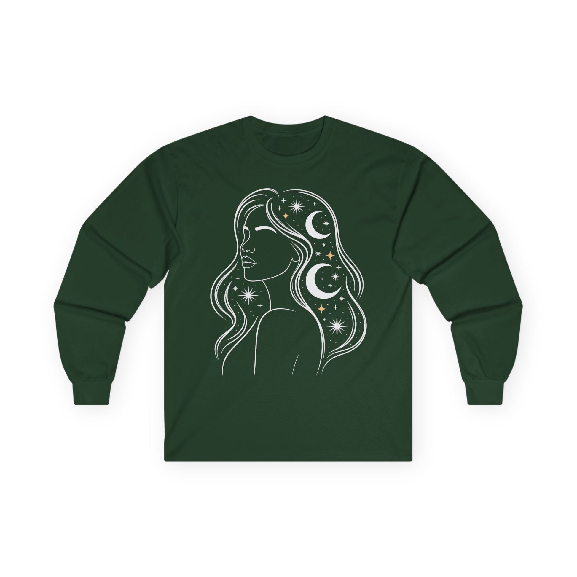 TEEZOCA unisex long-sleeve t-shirt with celestial woman night sky illustration Green long-sleeve shirt with a celestial design on a white background