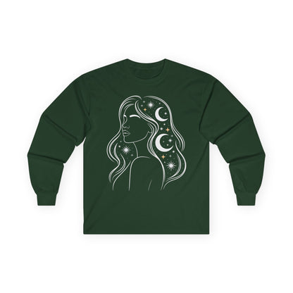 TEEZOCA unisex long-sleeve t-shirt with celestial woman night sky illustration Green long-sleeve shirt with a celestial design on a white background
