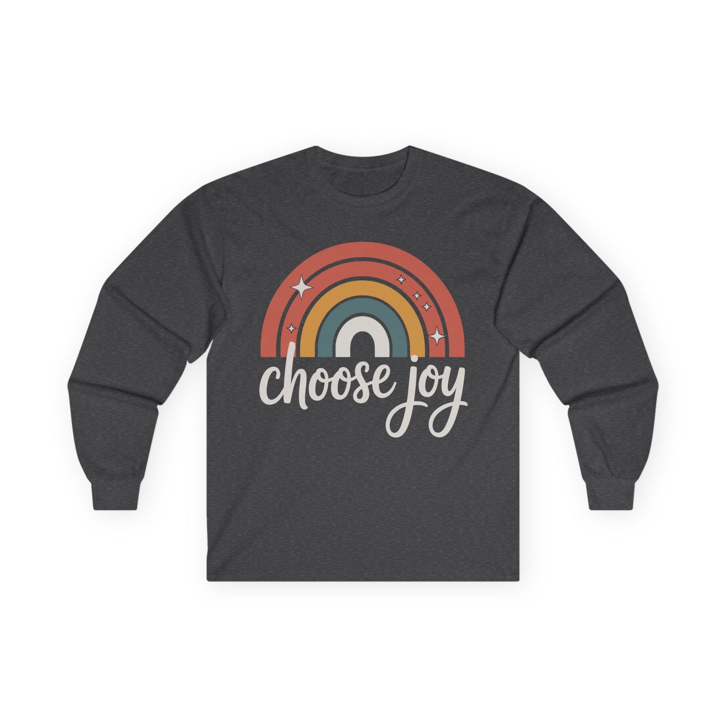 TEEZOCA unisex long-sleeve t-shirt with choose joy inspirational rainbow art Dark gray long-sleeve shirt with rainbow design and 'choose joy' text on a white background
