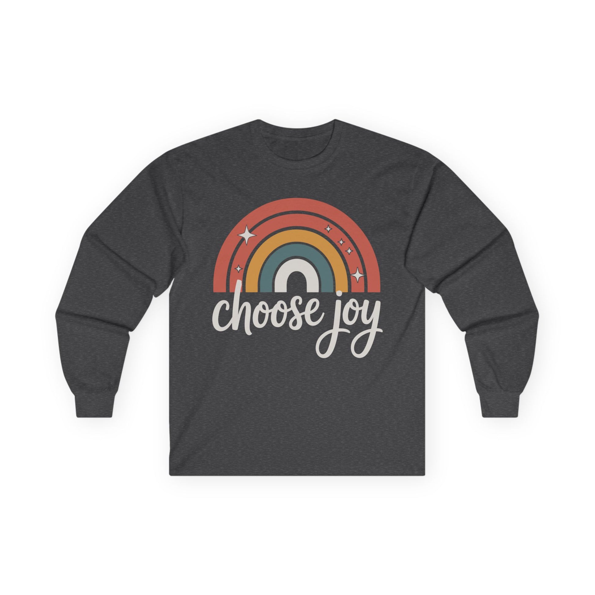 TEEZOCA unisex long-sleeve t-shirt with choose joy inspirational rainbow art Dark gray long-sleeve shirt with rainbow design and 'choose joy' text on a white background