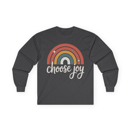 TEEZOCA unisex long-sleeve t-shirt with choose joy inspirational rainbow art Dark gray long-sleeve shirt with rainbow design and 'choose joy' text on a white background