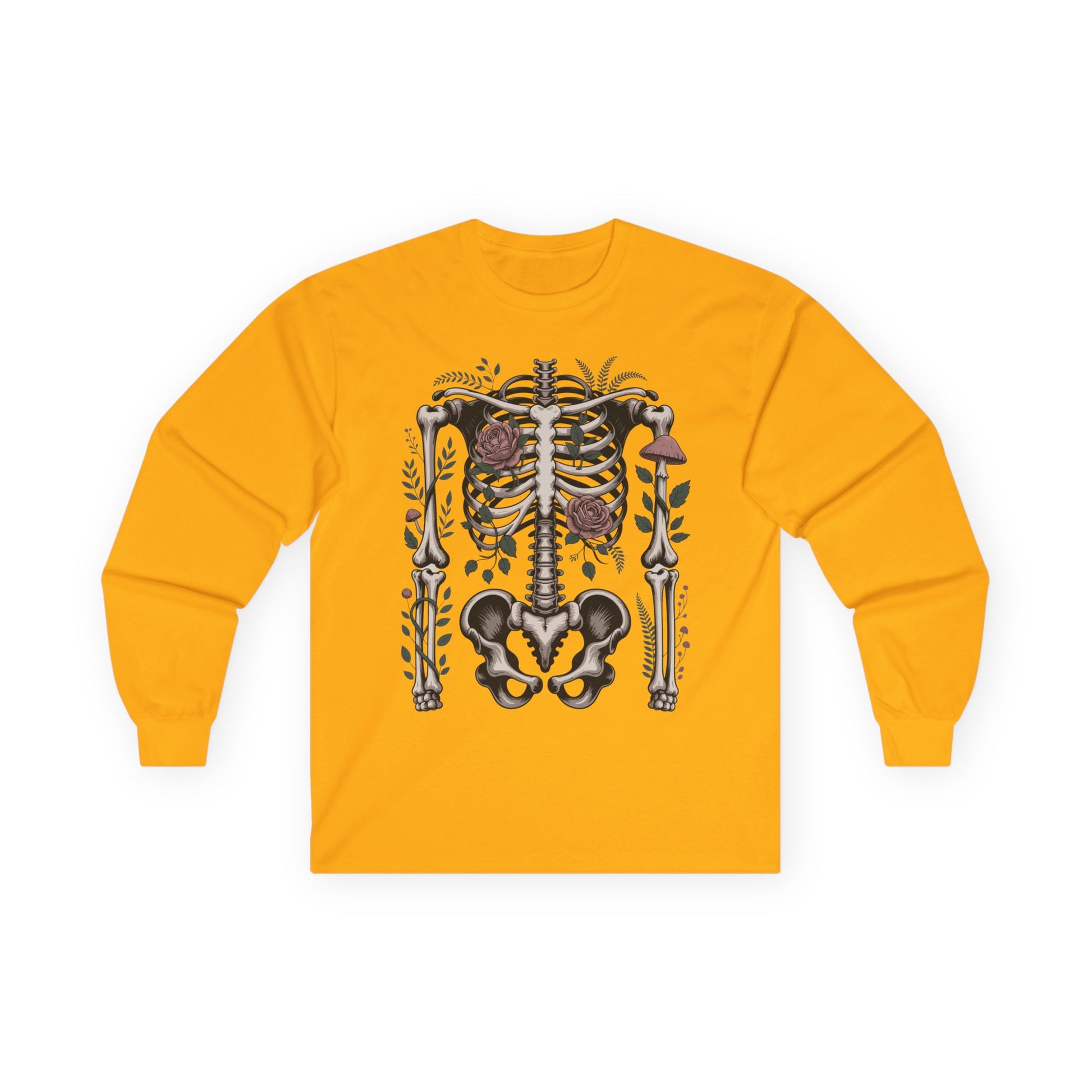 TEEZOCA unisex long-sleeve t-shirt with floral skeleton gothic art Yellow long-sleeve shirt with a skeleton design on a white background