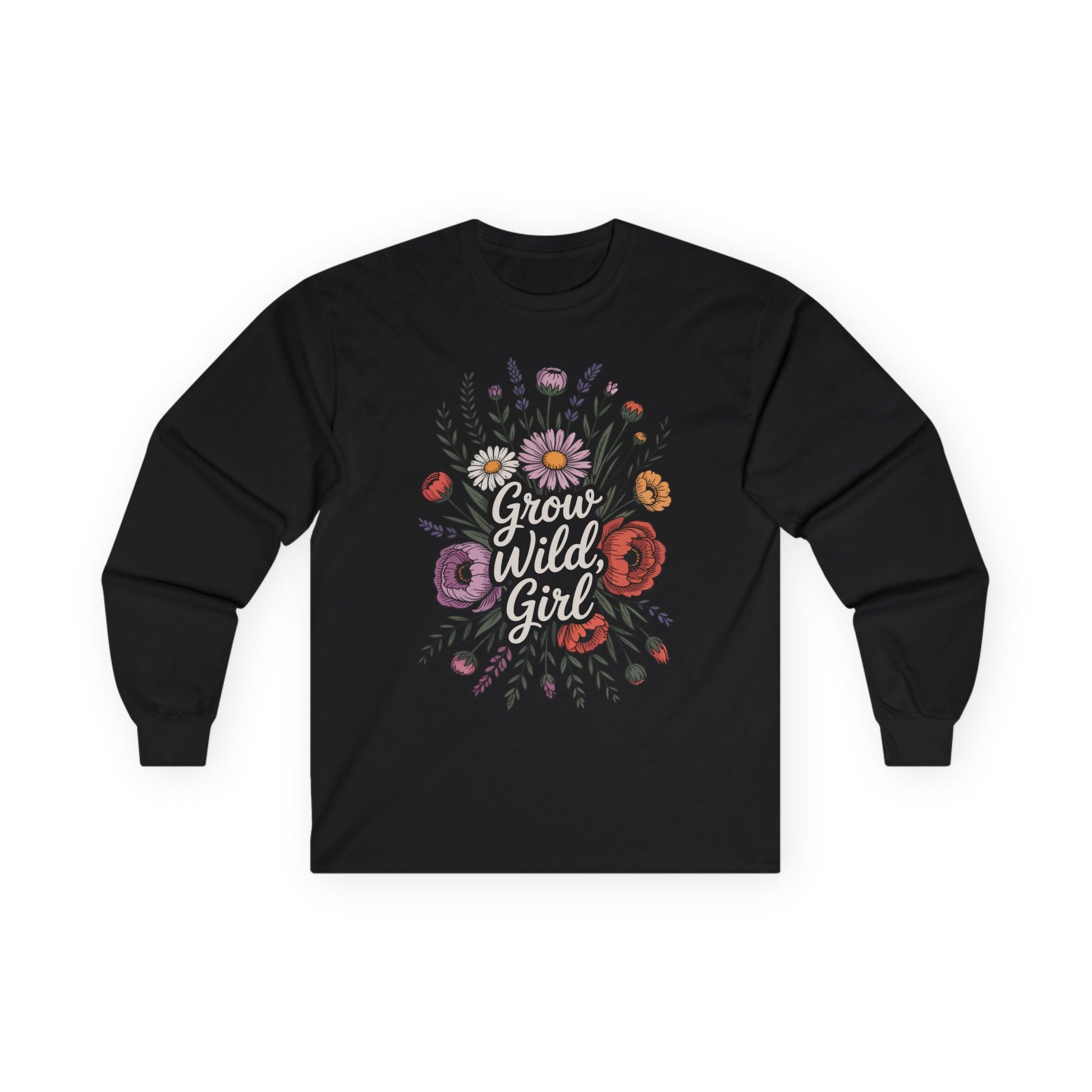 TEEZOCA unisex long-sleeve t-shirt with grow wild girl nature-inspired artwork Black long-sleeve shirt with floral design and 'Grow Wild Girl' text on a white background