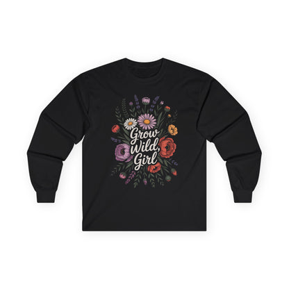 TEEZOCA unisex long-sleeve t-shirt with grow wild girl nature-inspired artwork Black long-sleeve shirt with floral design and 'Grow Wild Girl' text on a white background