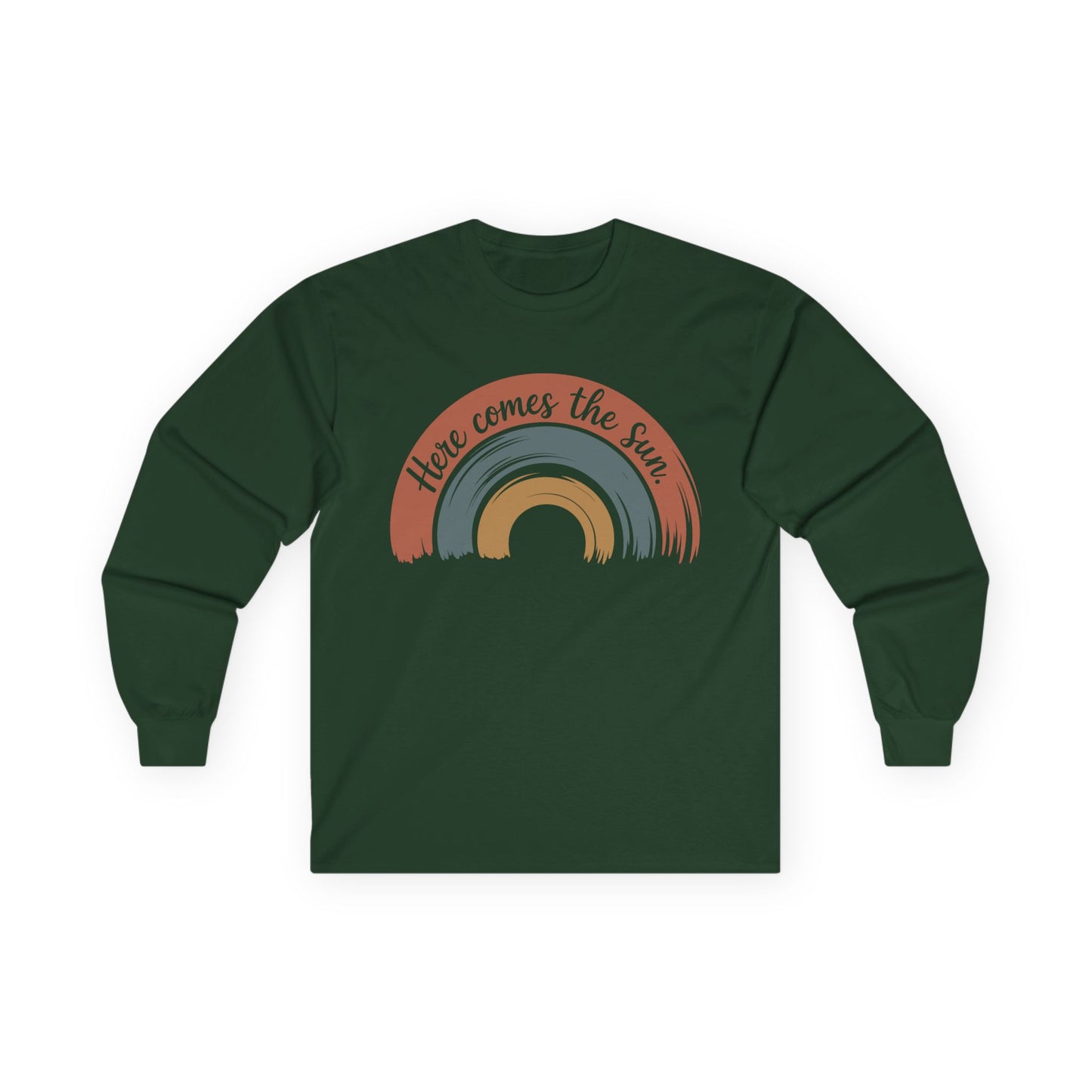 TEEZOCA unisex long-sleeve t-shirt with here comes the sun inspirational design Green long-sleeve shirt with rainbow design and 'Here comes the sun' text on a white background