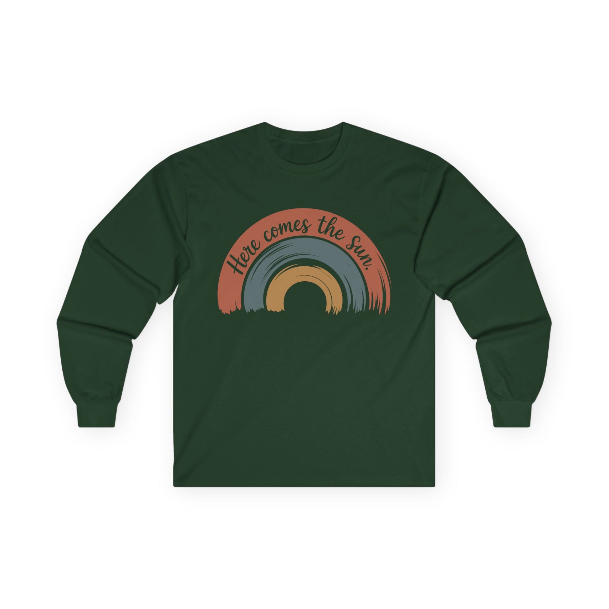 TEEZOCA unisex long-sleeve t-shirt with here comes the sun inspirational design Green long-sleeve shirt with rainbow design and 'Here comes the sun' text on a white background