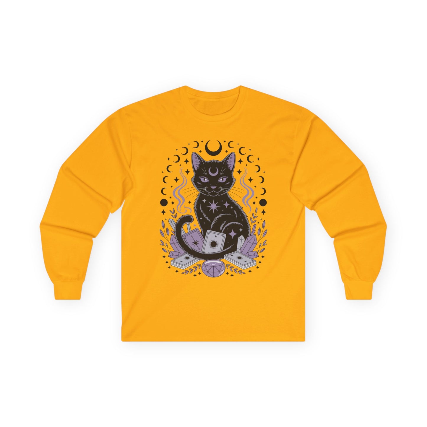 TEEZOCA unisex long-sleeve t-shirt with lunar cat tarot and crystals art Yellow long-sleeve shirt with a black cat graphic on a white background