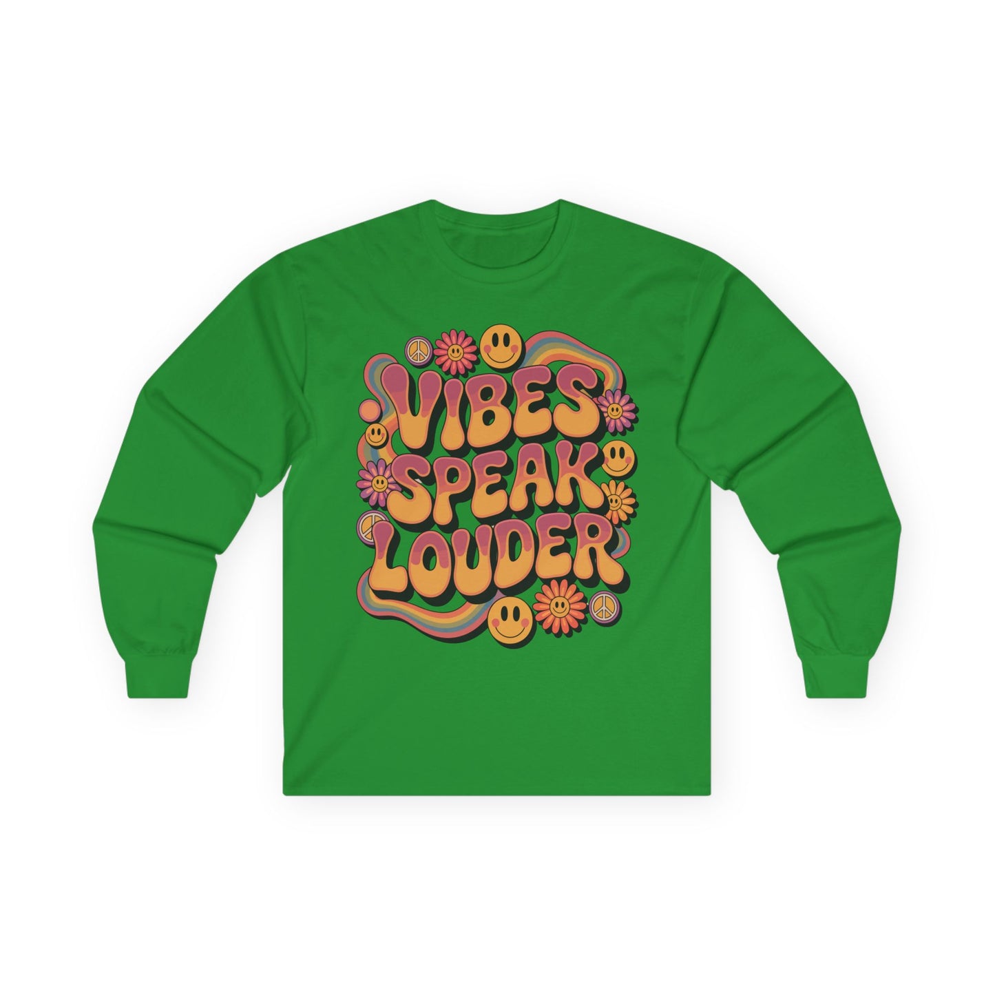 TEEZOCA unisex long-sleeve t-shirt with retro vibes speak louder design Green long-sleeve shirt with colorful 'Vibes Speak Louder' text design on a white background