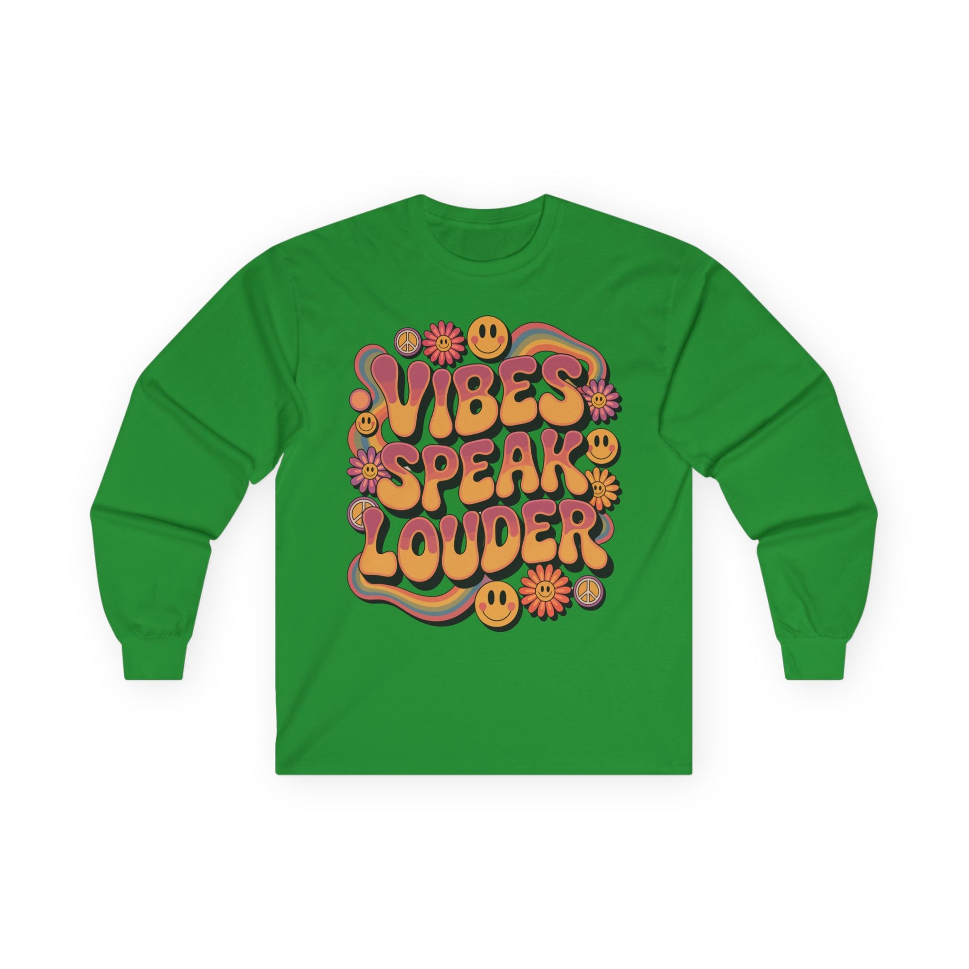TEEZOCA unisex long-sleeve t-shirt with retro vibes speak louder design Green long-sleeve shirt with colorful 'Vibes Speak Louder' text design on a white background