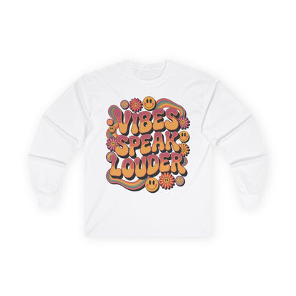TEEZOCA unisex long-sleeve t-shirt with retro vibes speak louder design White sweatshirt with colorful 'Vibes Speak Louder' text design on a white background