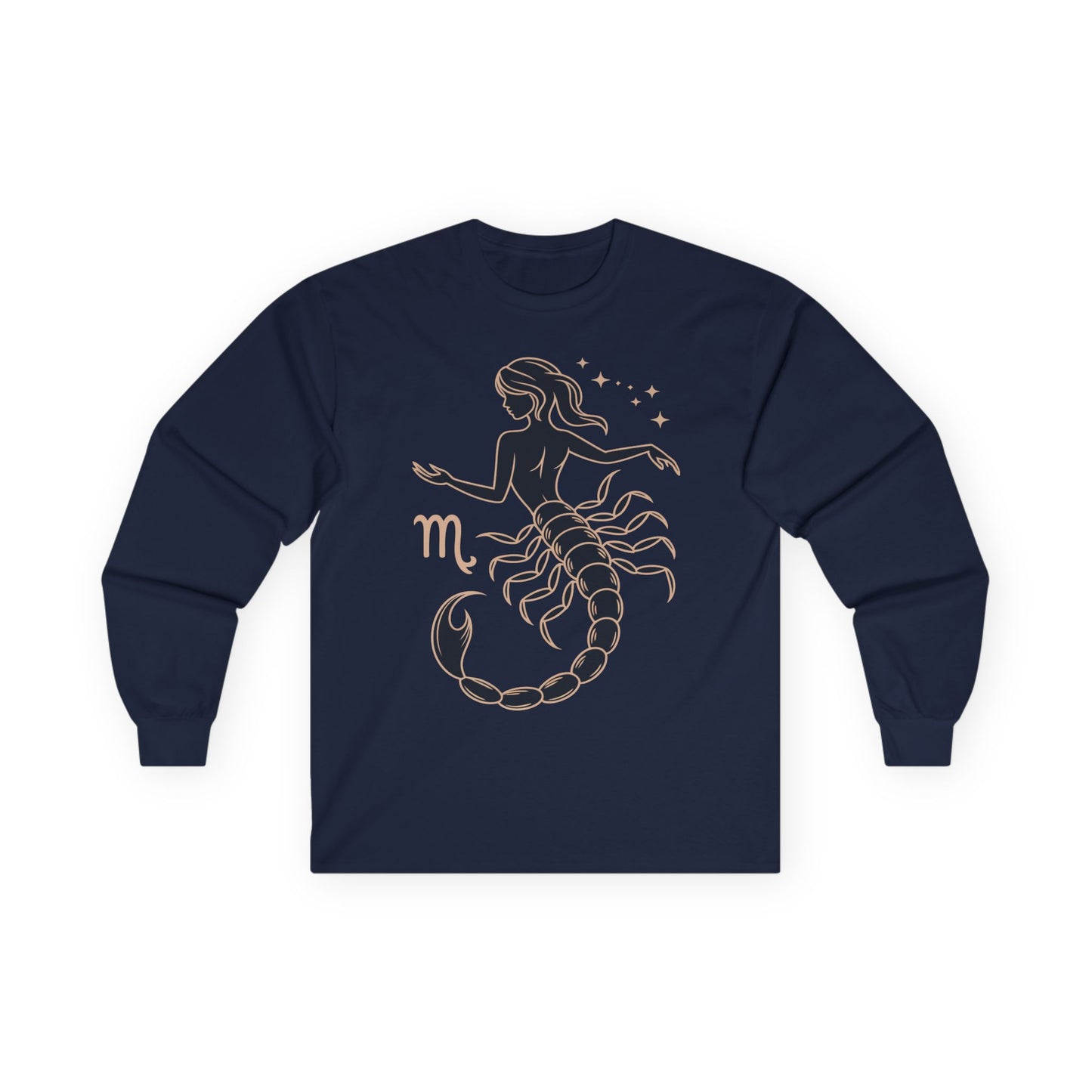 TEEZOCA unisex long-sleeve t-shirt with scorpio zodiac celestial art Navy blue long-sleeve shirt with scorpio zodiac design on a white background