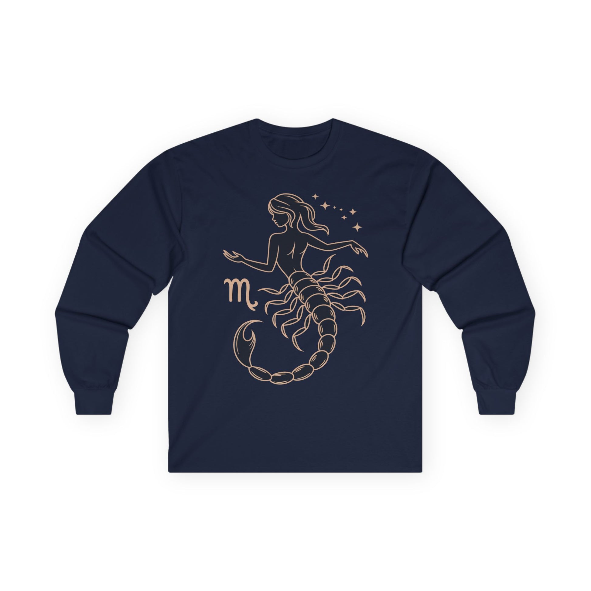 TEEZOCA unisex long-sleeve t-shirt with scorpio zodiac celestial art Navy blue long-sleeve shirt with scorpio zodiac design on a white background