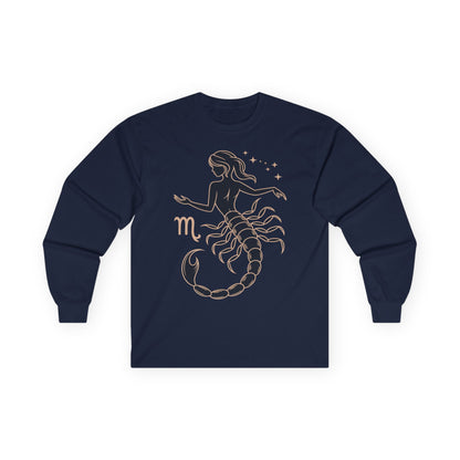 TEEZOCA unisex long-sleeve t-shirt with scorpio zodiac celestial art Navy blue long-sleeve shirt with scorpio zodiac design on a white background