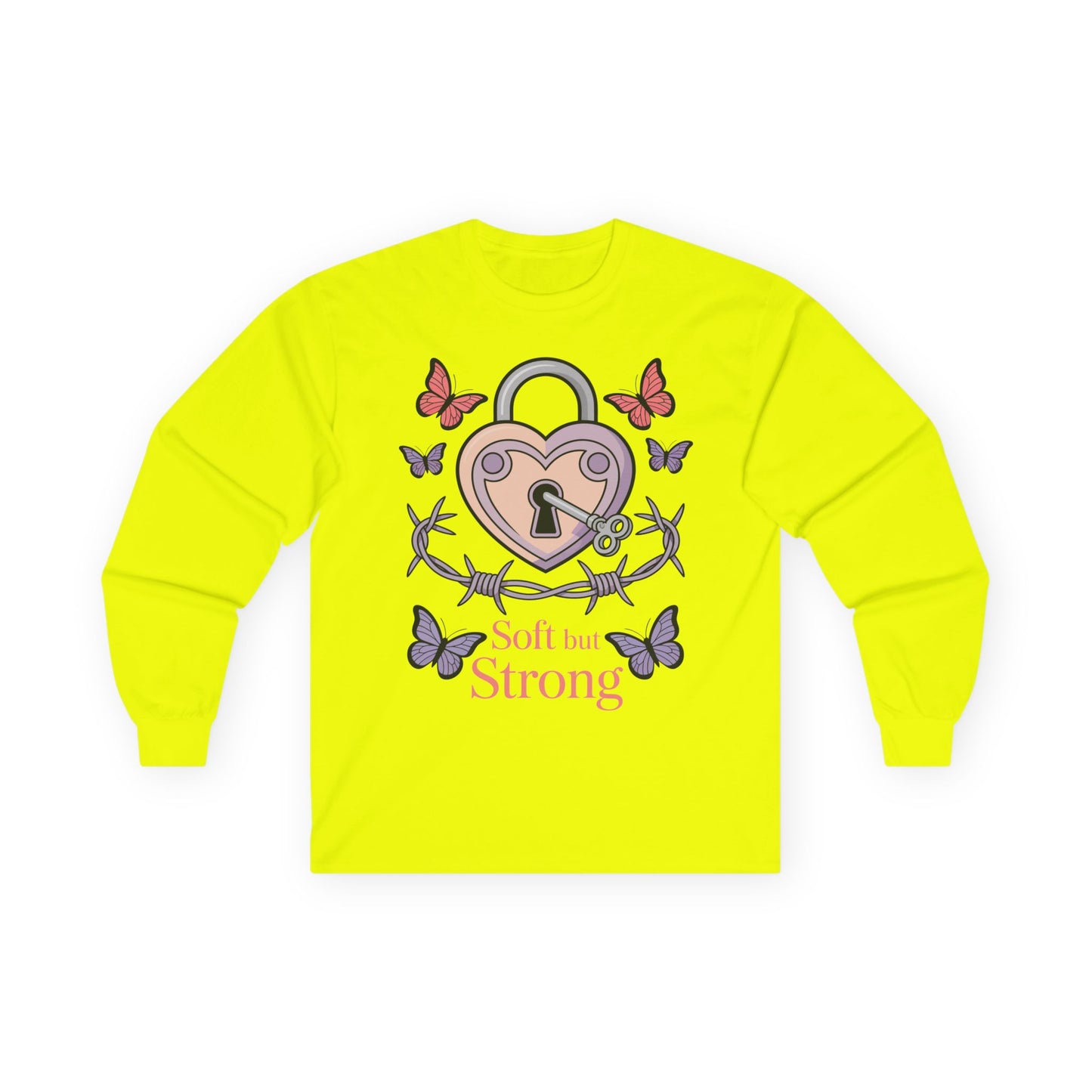 TEEZOCA unisex long-sleeve t-shirt with soft but strong emotional strength design Yellow long-sleeve shirt with a heart lock design and 'Soft but Strong' text on a white background