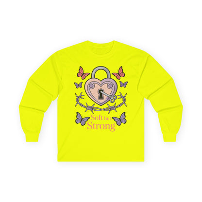 TEEZOCA unisex long-sleeve t-shirt with soft but strong emotional strength design Yellow long-sleeve shirt with a heart lock design and 'Soft but Strong' text on a white background