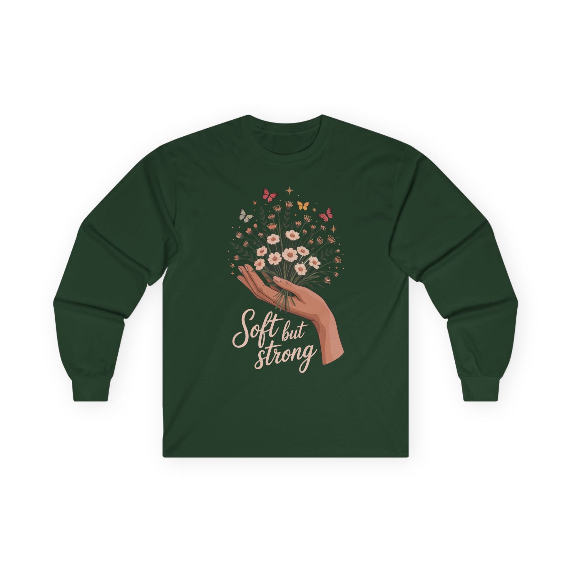 TEEZOCA unisex long-sleeve t-shirt with soft but strong floral illustration Green long-sleeve shirt with floral design and 'Soft but Strong' text on a white background