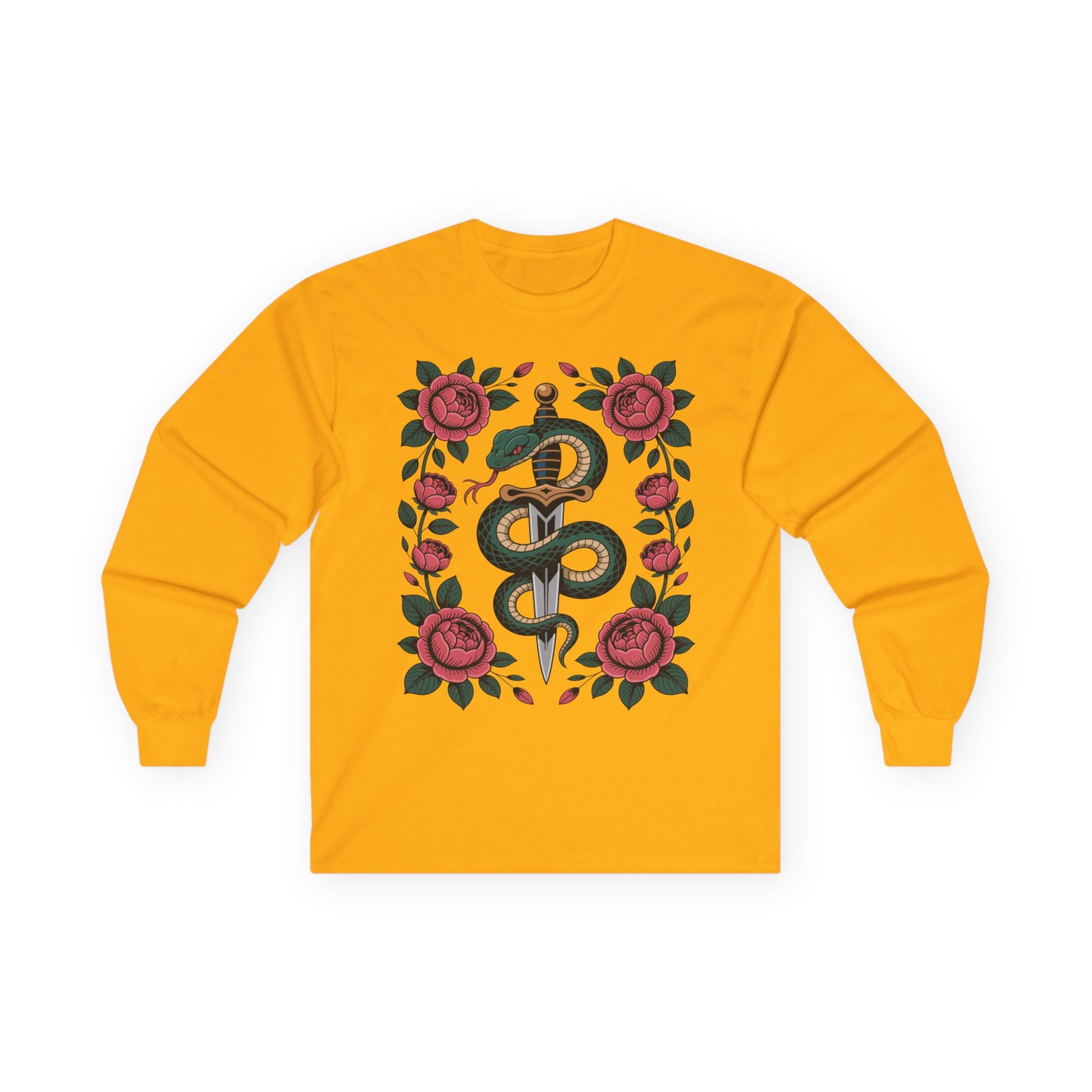 TEEZOCA unisex long-sleeve t-shirt with symbolic snake dagger art Gold long-sleeve shirt with snake and rose design on a white background