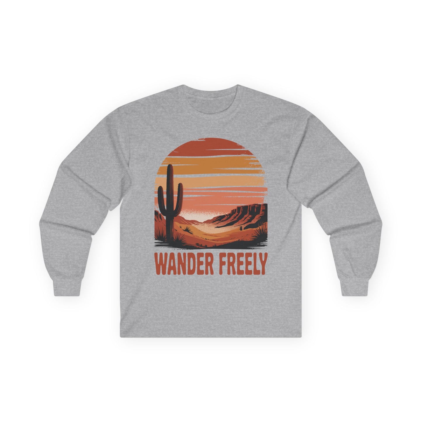 TEEZOCA unisex long-sleeve t-shirt with wander freely western desert scene Gray long-sleeve shirt with a desert graphic and 'Wander Freely' text on a white background