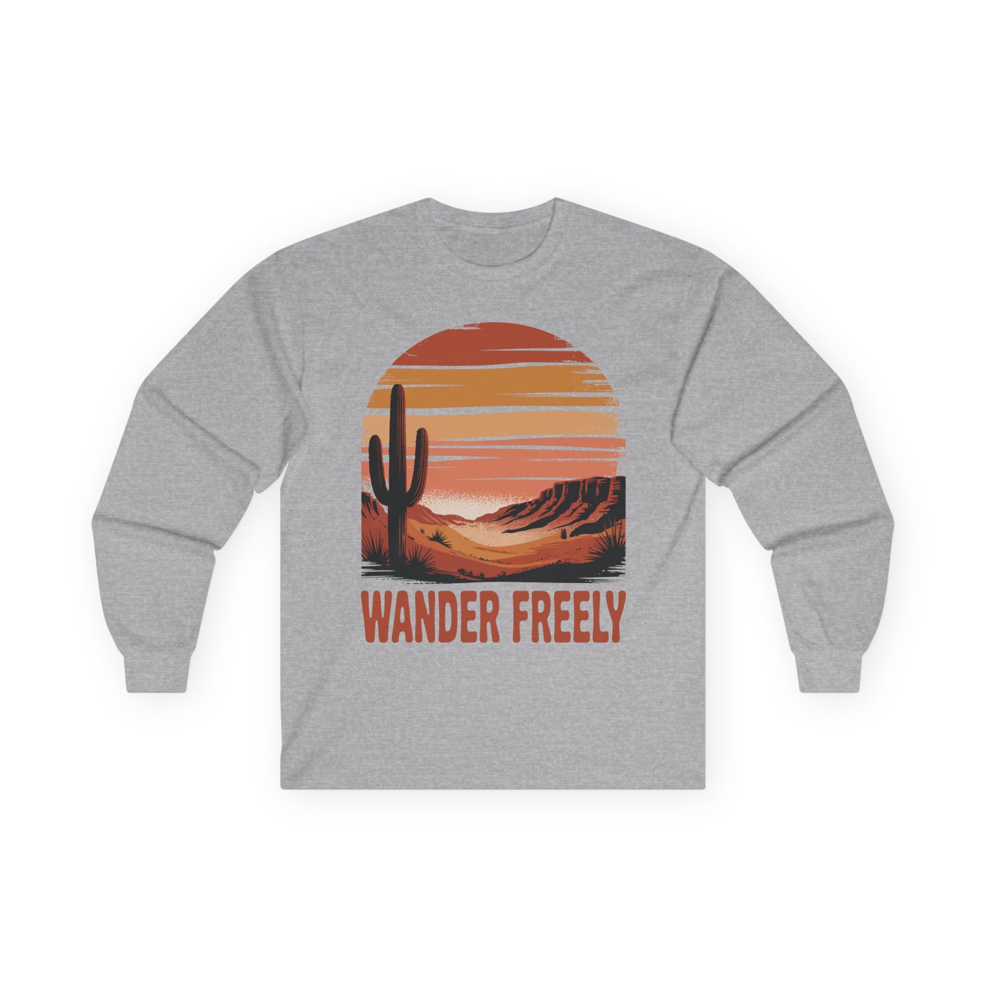 TEEZOCA unisex long-sleeve t-shirt with wander freely western desert scene Gray long-sleeve shirt with a desert graphic and 'Wander Freely' text on a white background