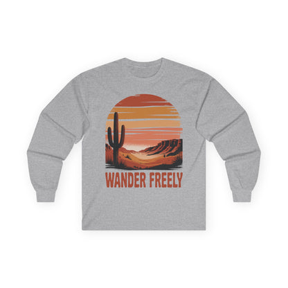 TEEZOCA unisex long-sleeve t-shirt with wander freely western desert scene Gray long-sleeve shirt with a desert graphic and 'Wander Freely' text on a white background