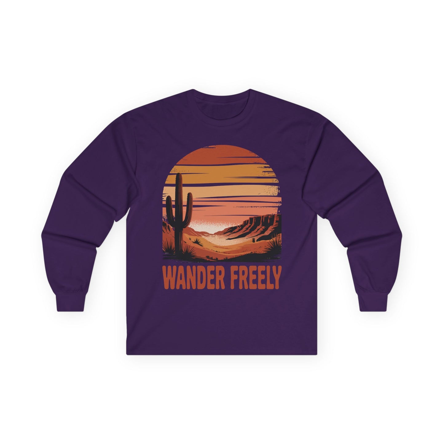 TEEZOCA unisex long-sleeve t-shirt with wander freely western desert scene Purple long-sleeve shirt with a desert landscape graphic and 'Wander Freely' text on a white background