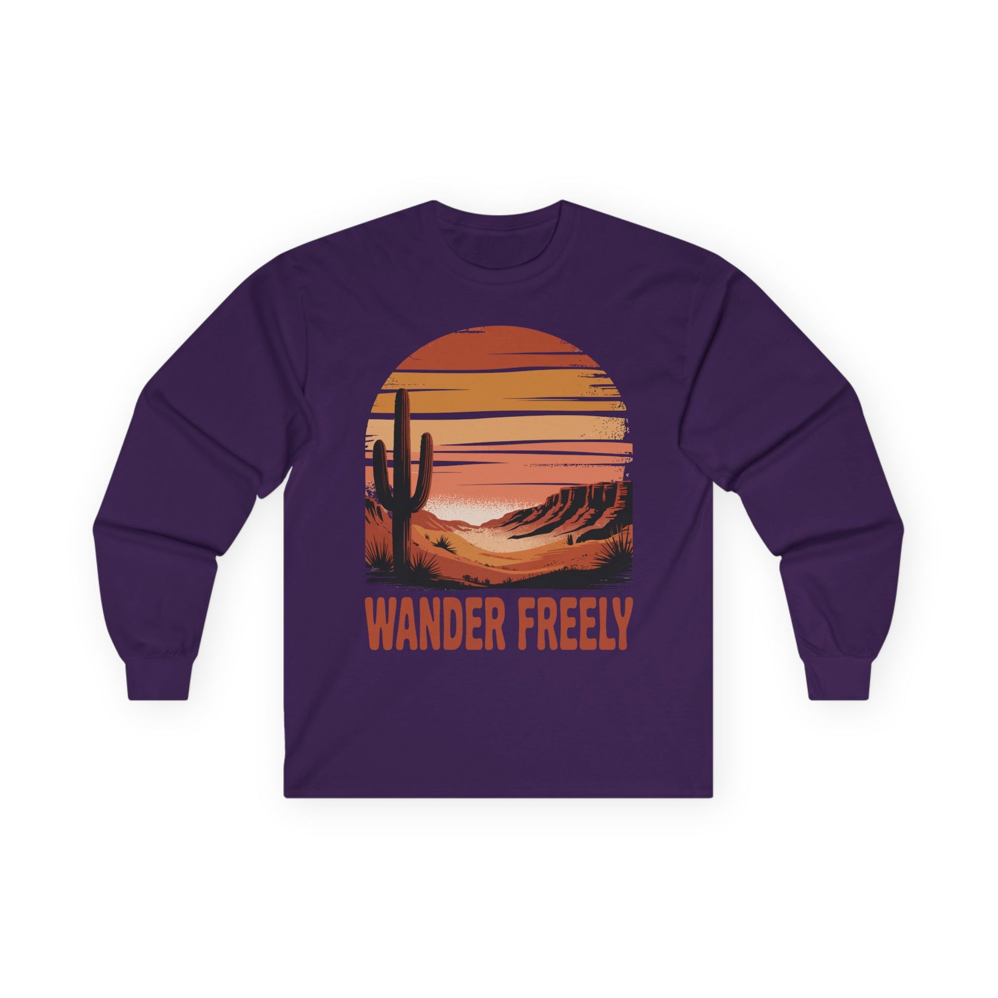 TEEZOCA unisex long-sleeve t-shirt with wander freely western desert scene Purple long-sleeve shirt with a desert landscape graphic and 'Wander Freely' text on a white background