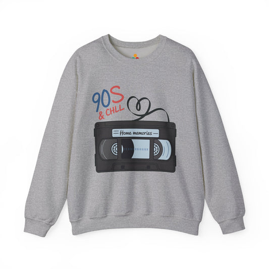 TEEZOCA unisex sweatshirt featuring a retro cassette tape with “90s & Chill” text and home memories vintage design Gray sweatshirt with a cassette tape design and '90s & Chill' text on a white background