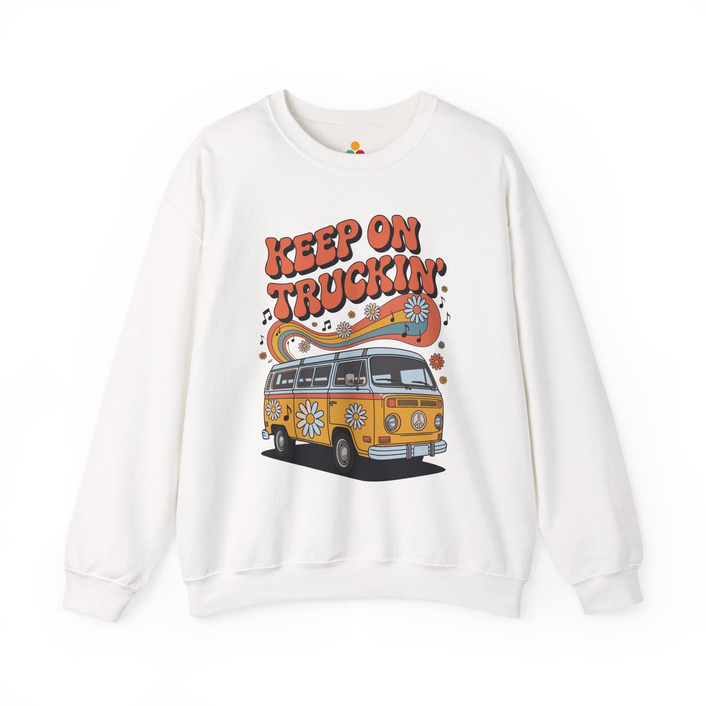 TEEZOCA unisex sweatshirt featuring a retro van with daisies, rainbow waves, music notes, and “Keep On Truckin’” vintage typography White sweatshirt with a graphic of a van and 'Keep on Truckin'' text on a white background