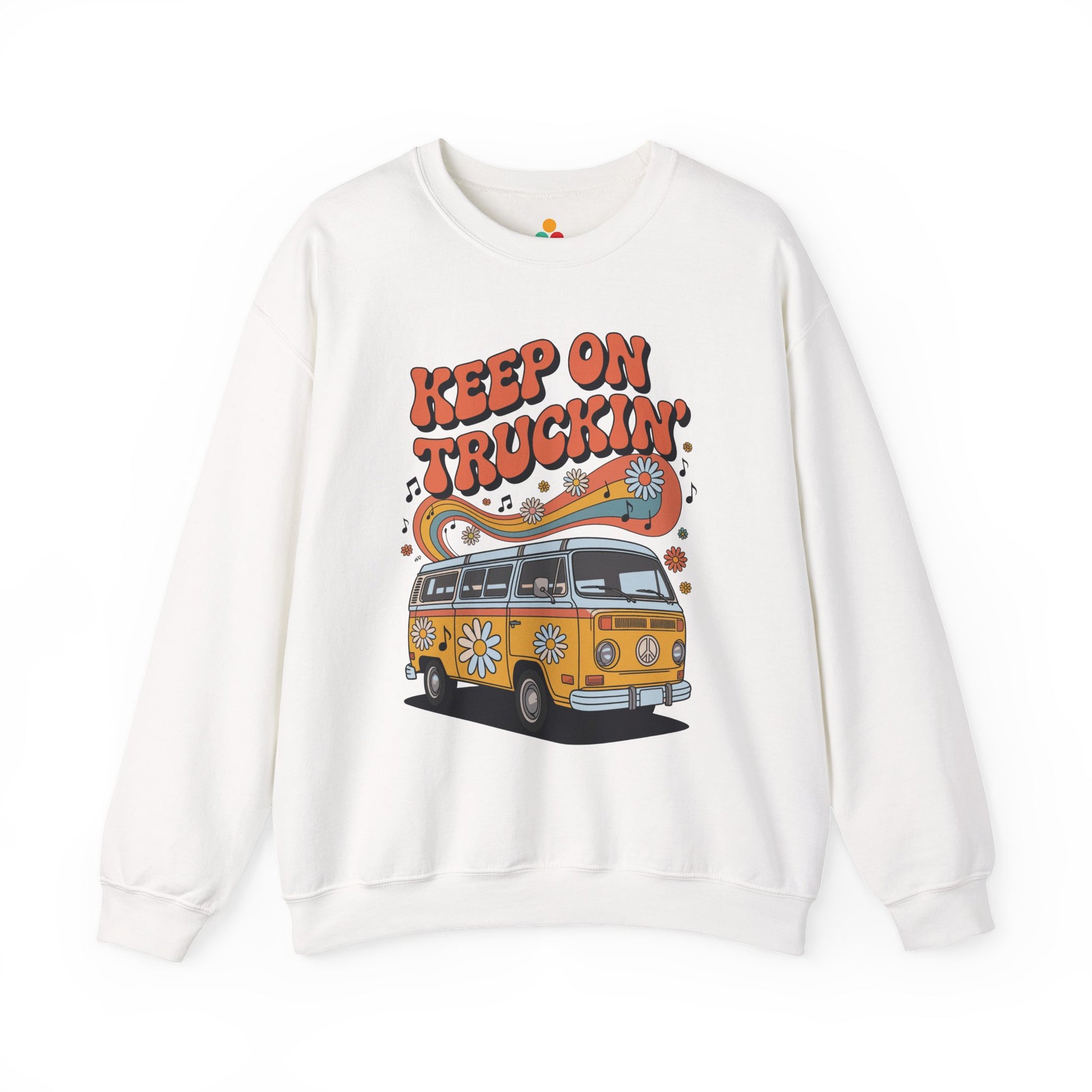 TEEZOCA unisex sweatshirt featuring a retro van with daisies, rainbow waves, music notes, and “Keep On Truckin’” vintage typography White sweatshirt with a graphic of a van and 'Keep on Truckin'' text on a white background