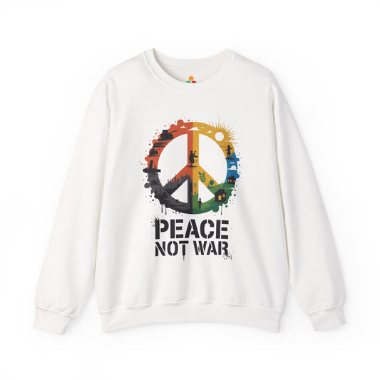 TEEZOCA unisex sweatshirt with colorful peace not war symbol graphic design White sweatshirt with a colorful peace symbol and 'Peace Not War' text on a white background