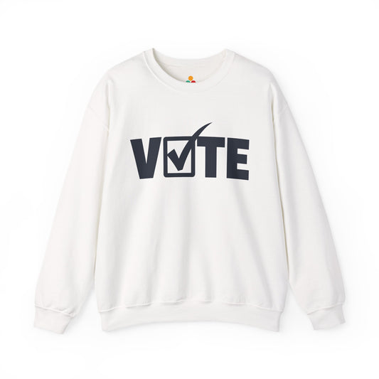 TEEZOCA unisex sweatshirt with minimalist vote checkmark graphic design White sweatshirt with 'VOTE' printed on it against a white background