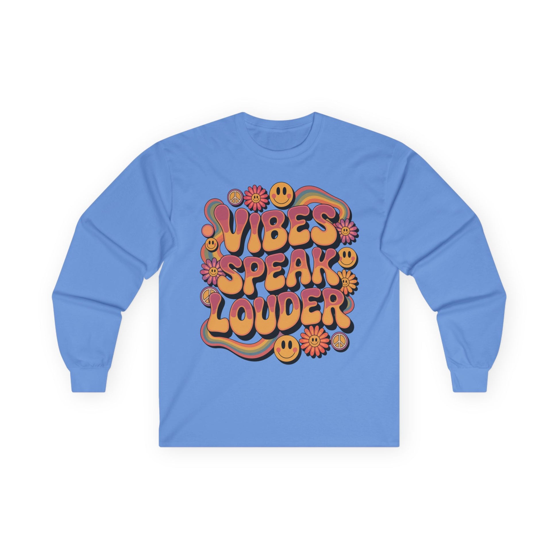 TEEZOCA vibes speak louder graphic on unisex long-sleeve t-shirt Blue long-sleeve shirt with colorful 'Vibes Speak Louder' text design on a white background